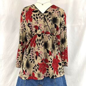 EAST 5TH Black Gold‎ Floral Rose Print Long Sleeve Wrap Top Women XL Whimsy